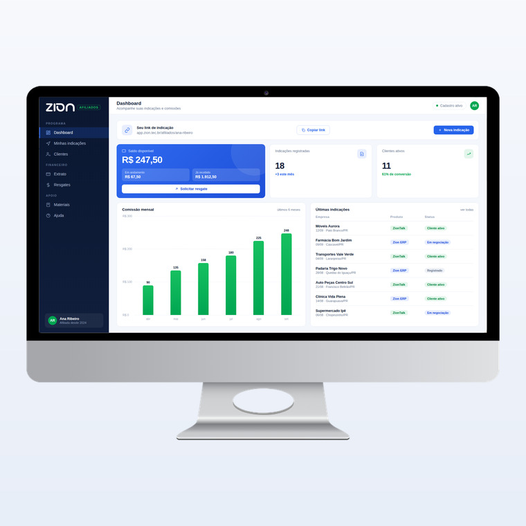 Painel do afiliado: link de indicação, saldo disponível, leads indicados e taxa de conversão